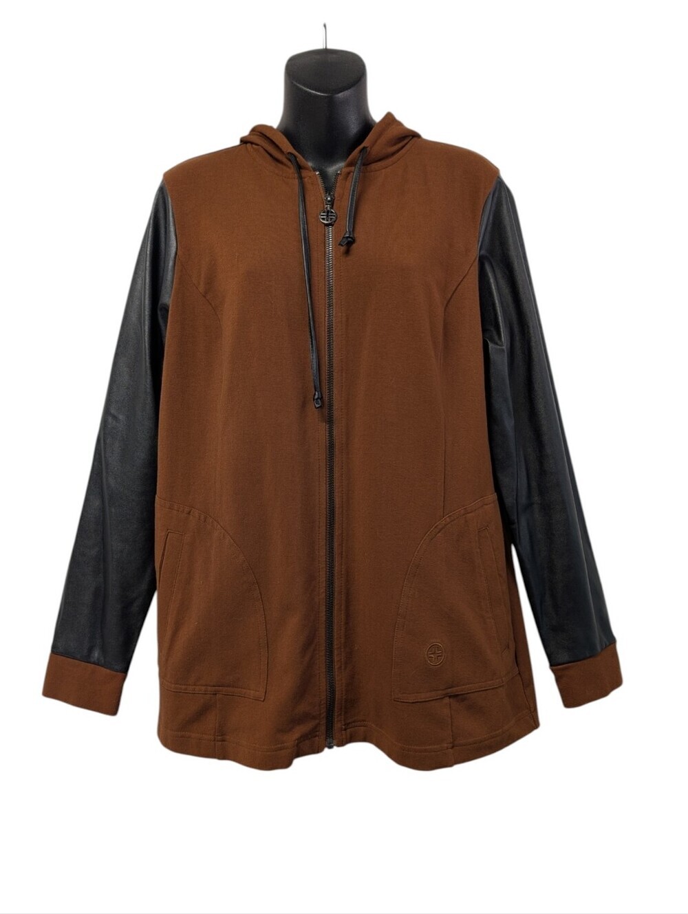 Linea Leisure Louis Dell’Olio Faux Leather Sleeve Zip Up  Hoodie Brown Black M